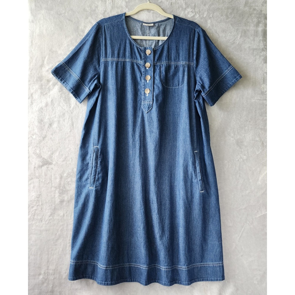J. Jill Denim Dress Womens Size Large Blue Jean Short Sleeve Pockets Button Neck